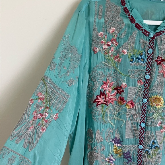 Johnny Was Women's Embroidered Teal Top - Picture 7 of 12
